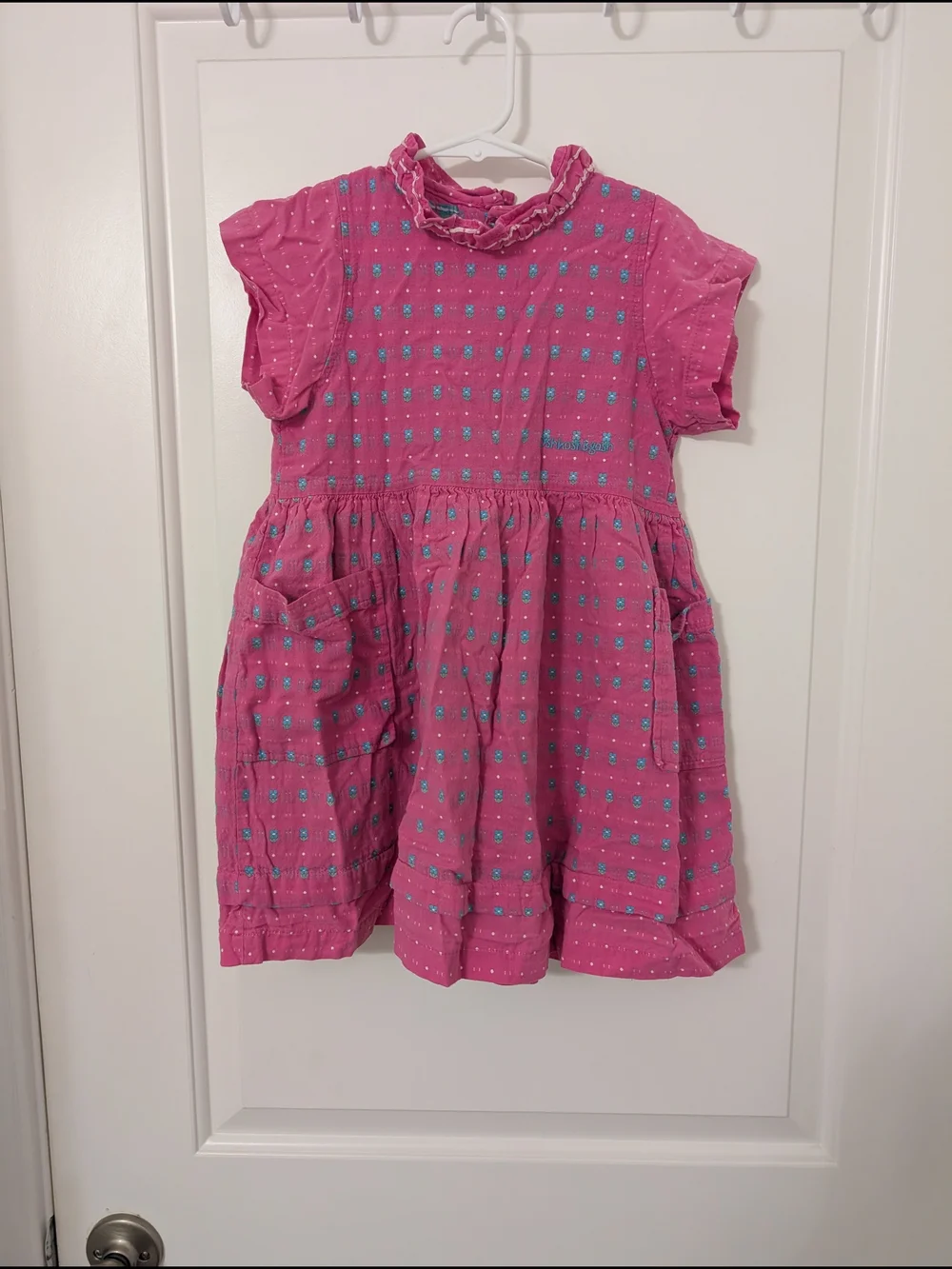 Vintage OshKosh B'gosh Pink Dress with Blue Flower Detail and Ruffle Neck
